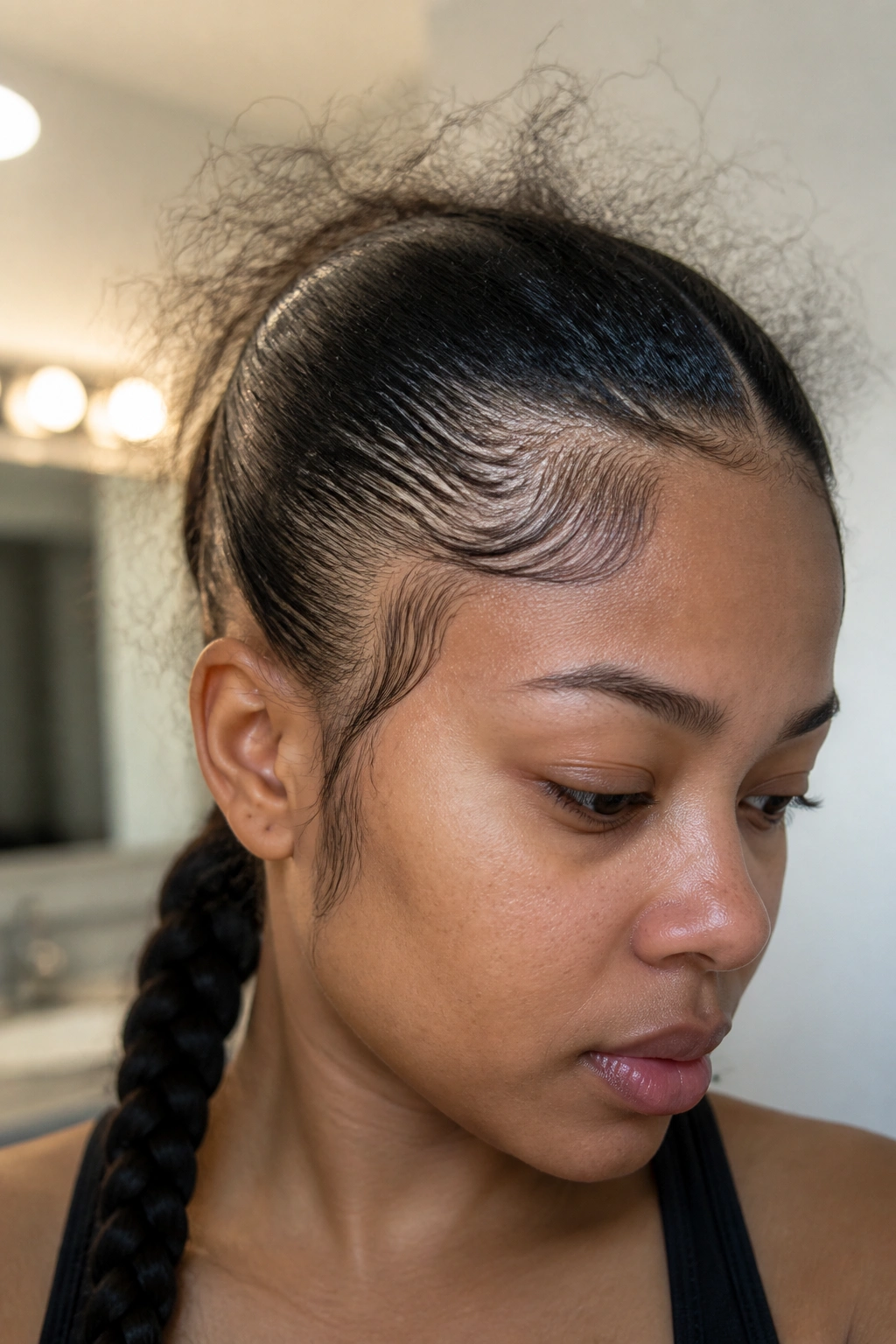 Hair with frizz and flyaways showing common mistakes in slick-back styling