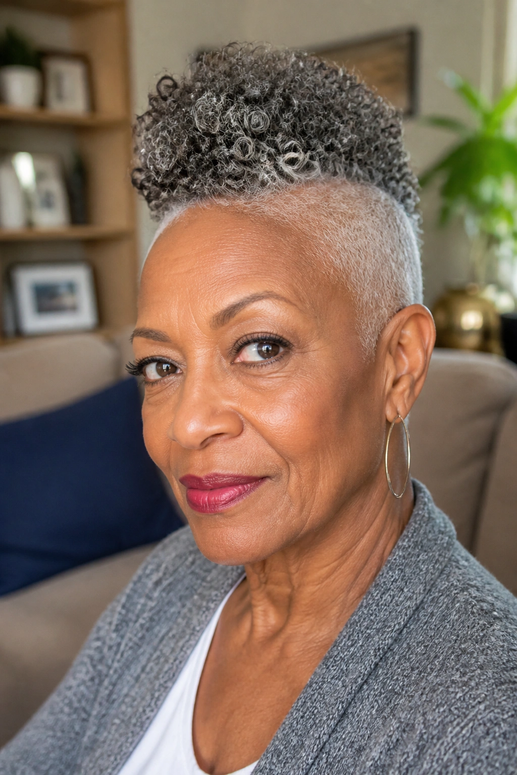 Close-up of senior woman with fro-hawk hairstyle in warm natural light