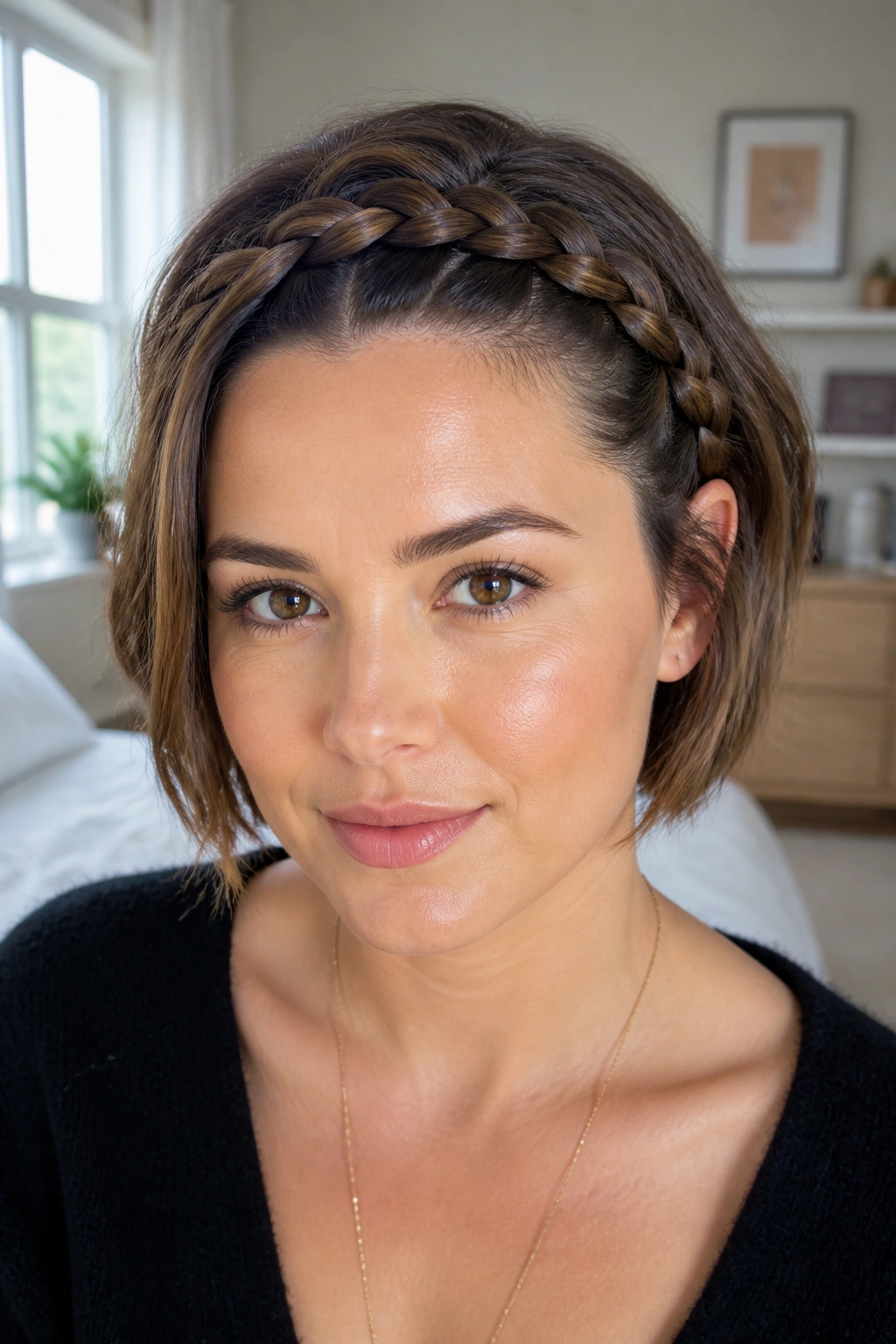 Close-up of a woman wearing a front-to-back French braid headband
