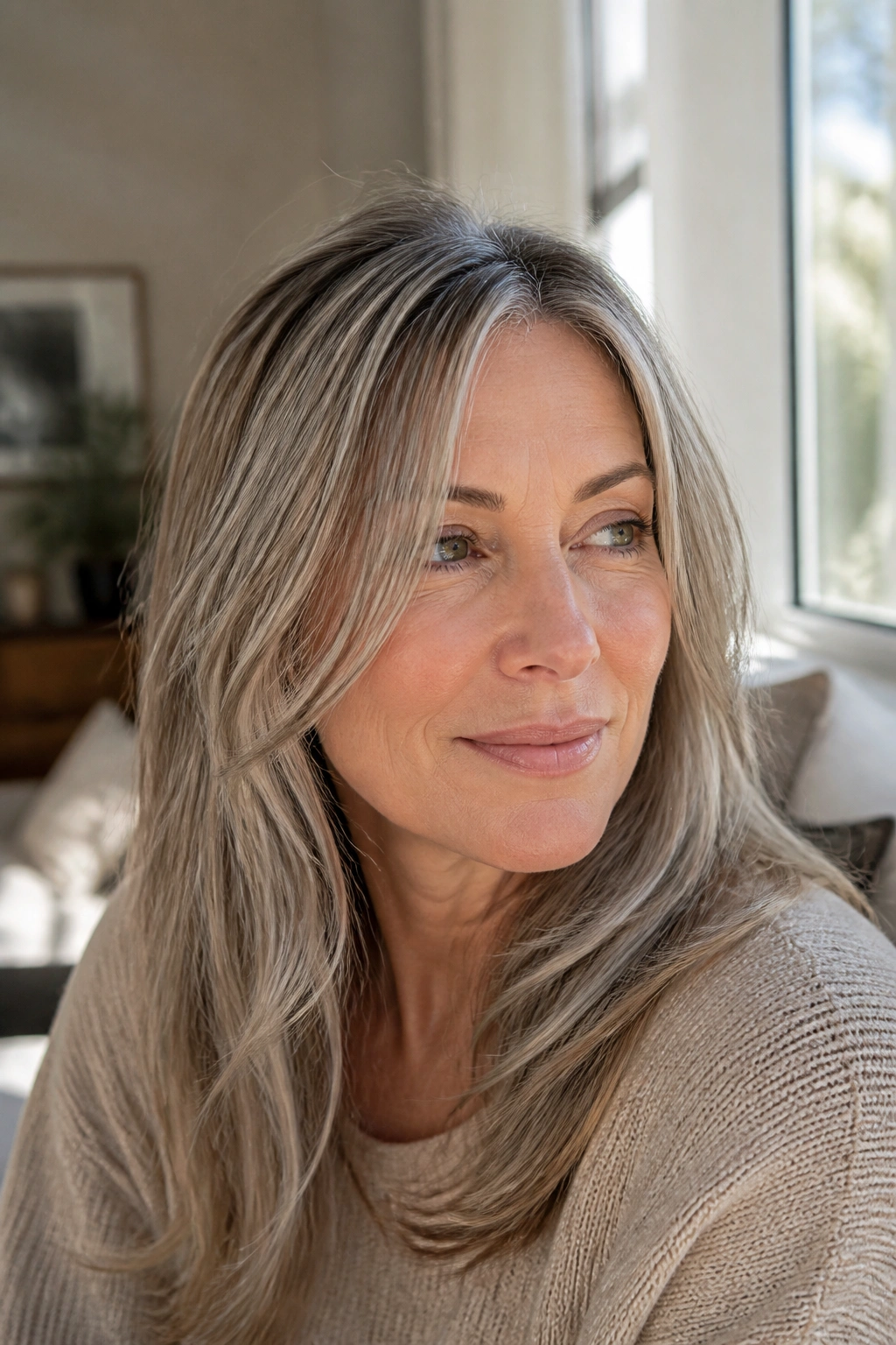 Close-up of hair with frosted silver babylights on a real person