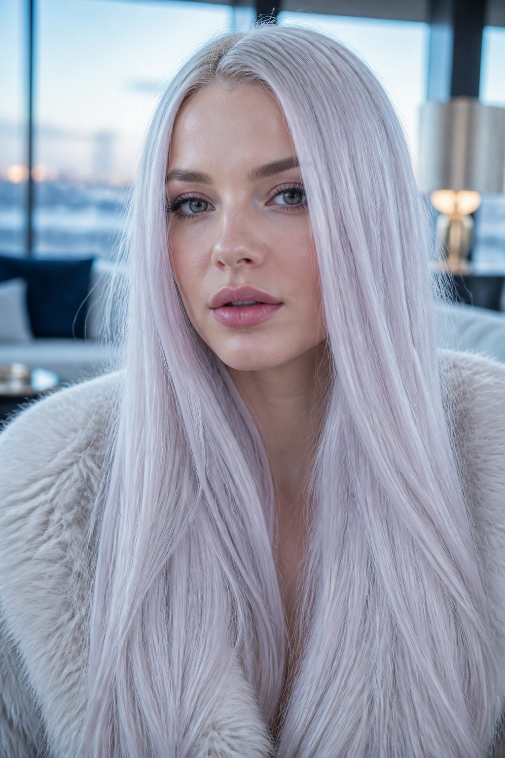 Close-up portrait of a real person with frozen platinum hair filling the frame
