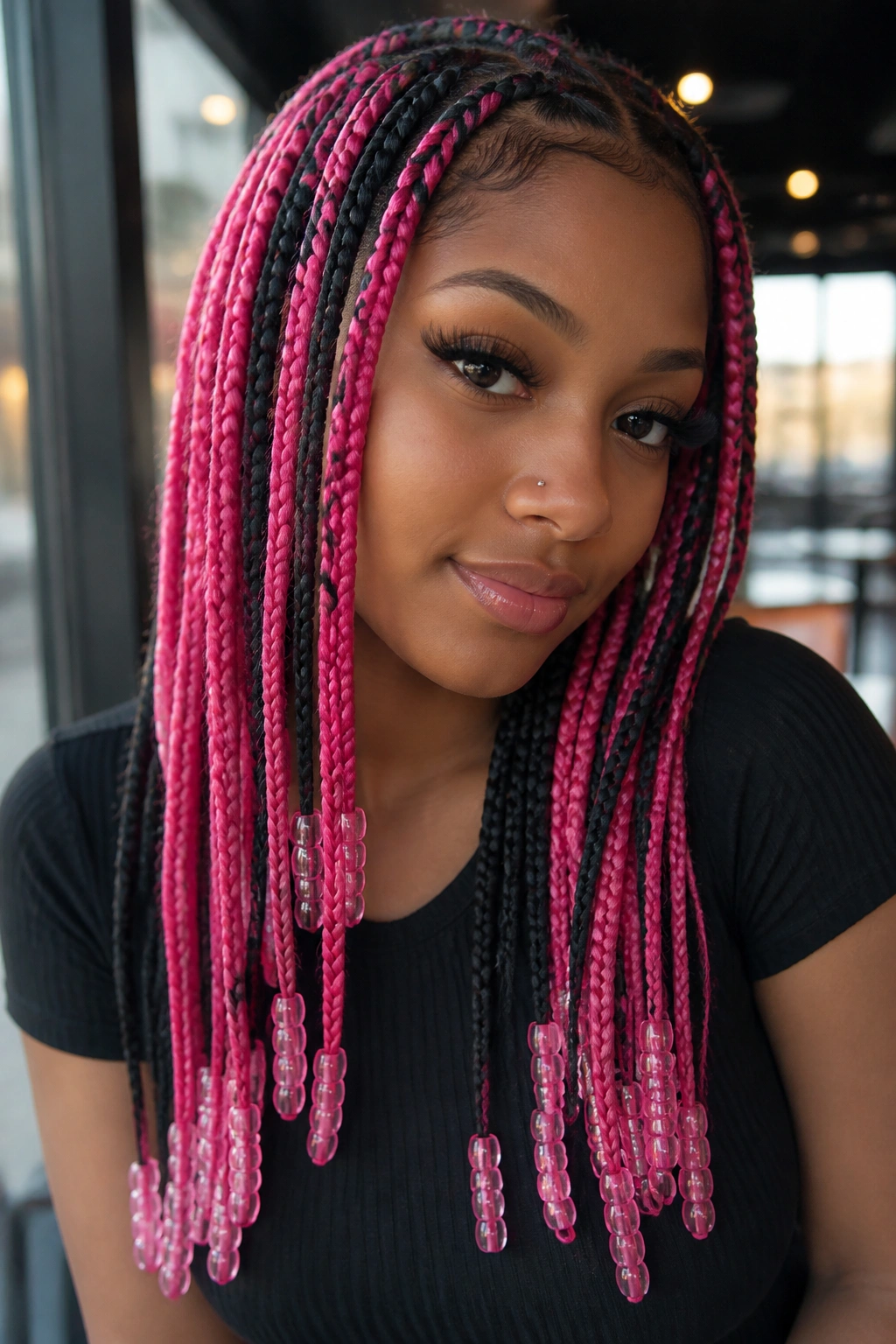 Real person with fuchsia and black knotless braids and transparent pink beads