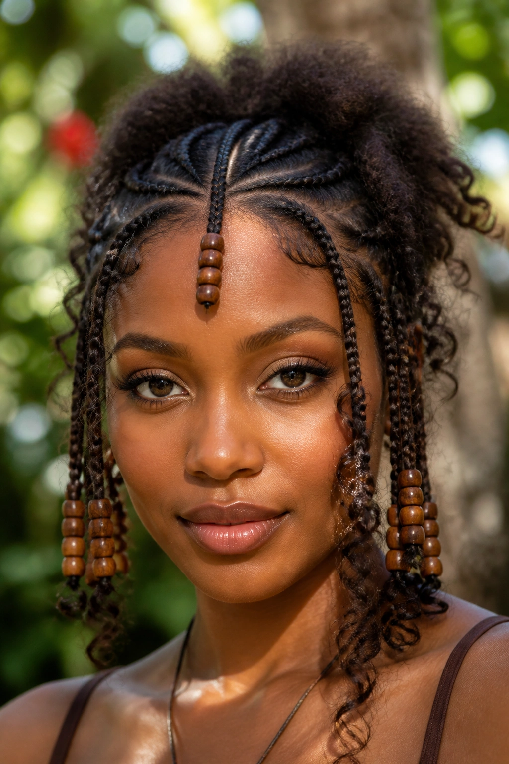 Close-up of Fulani-inspired boho braids with wooden beads on a real woman