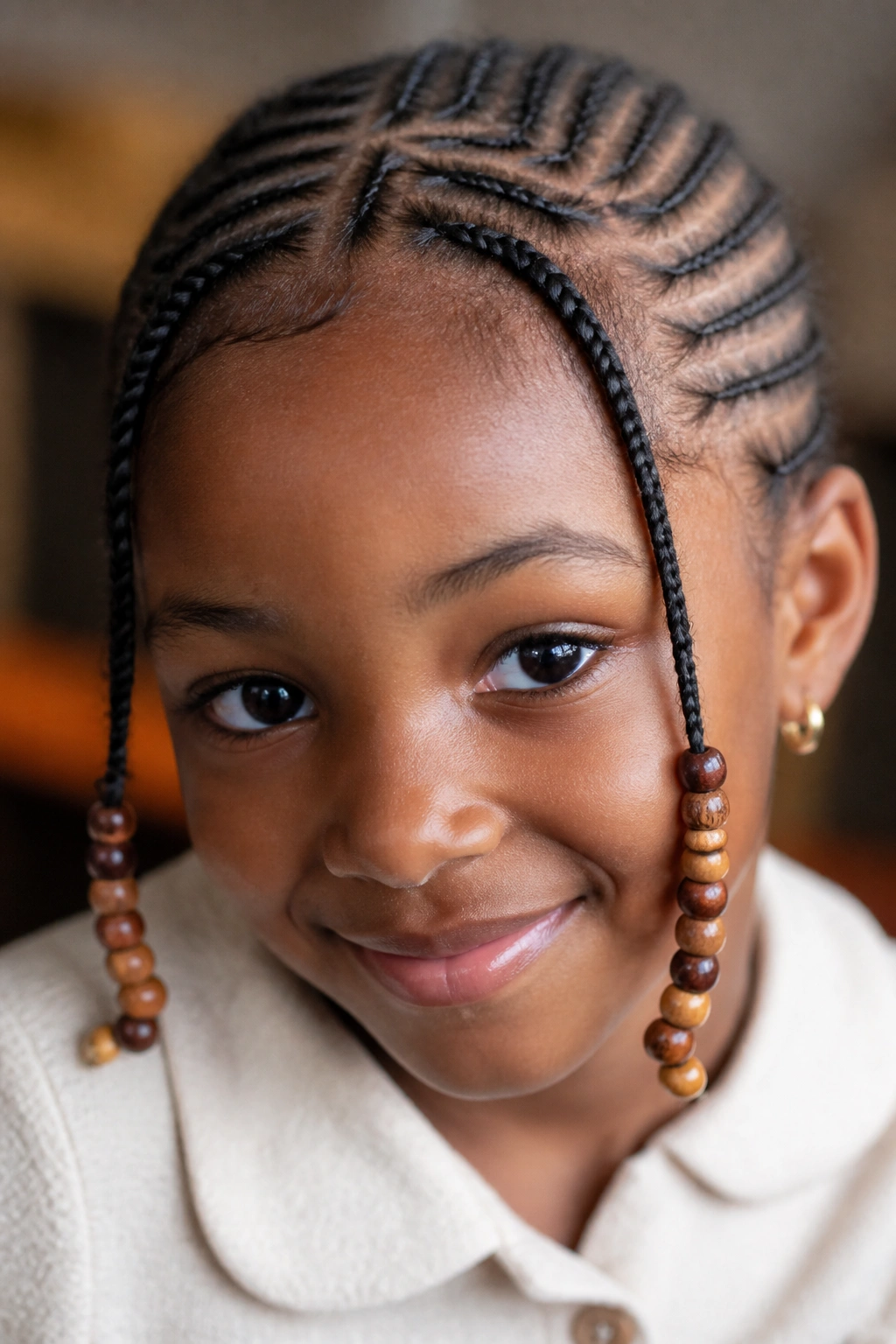 Fulani braids with wooden beads on a child's head