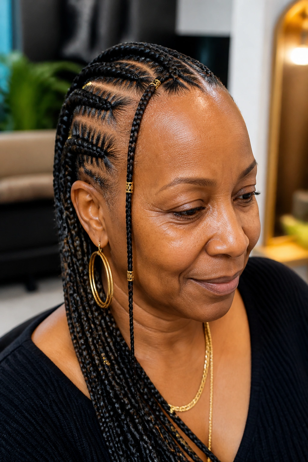 Real woman over 50 wearing Fulani braids with minimalist beads.