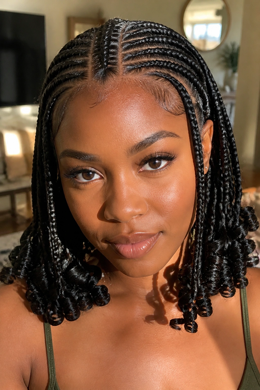 Close-up of a real woman with central Fulani cornrows and forward-facing side braids ending in goddess curls.