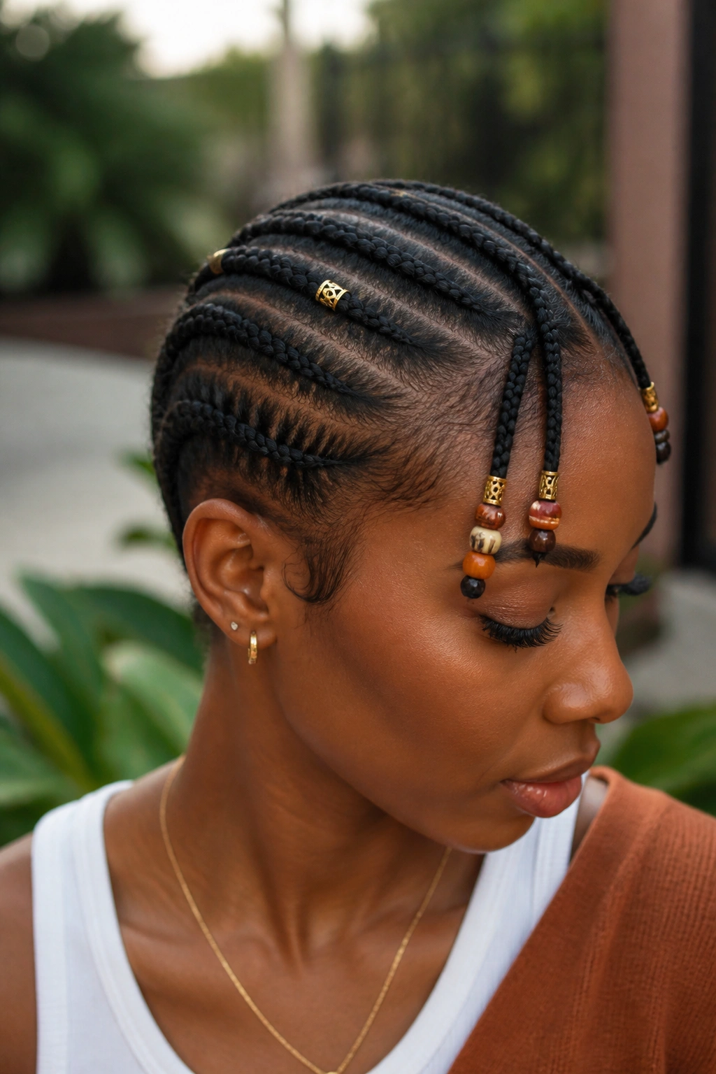 Real woman with Fulani braids on a pixie base featuring beads and cuffs
