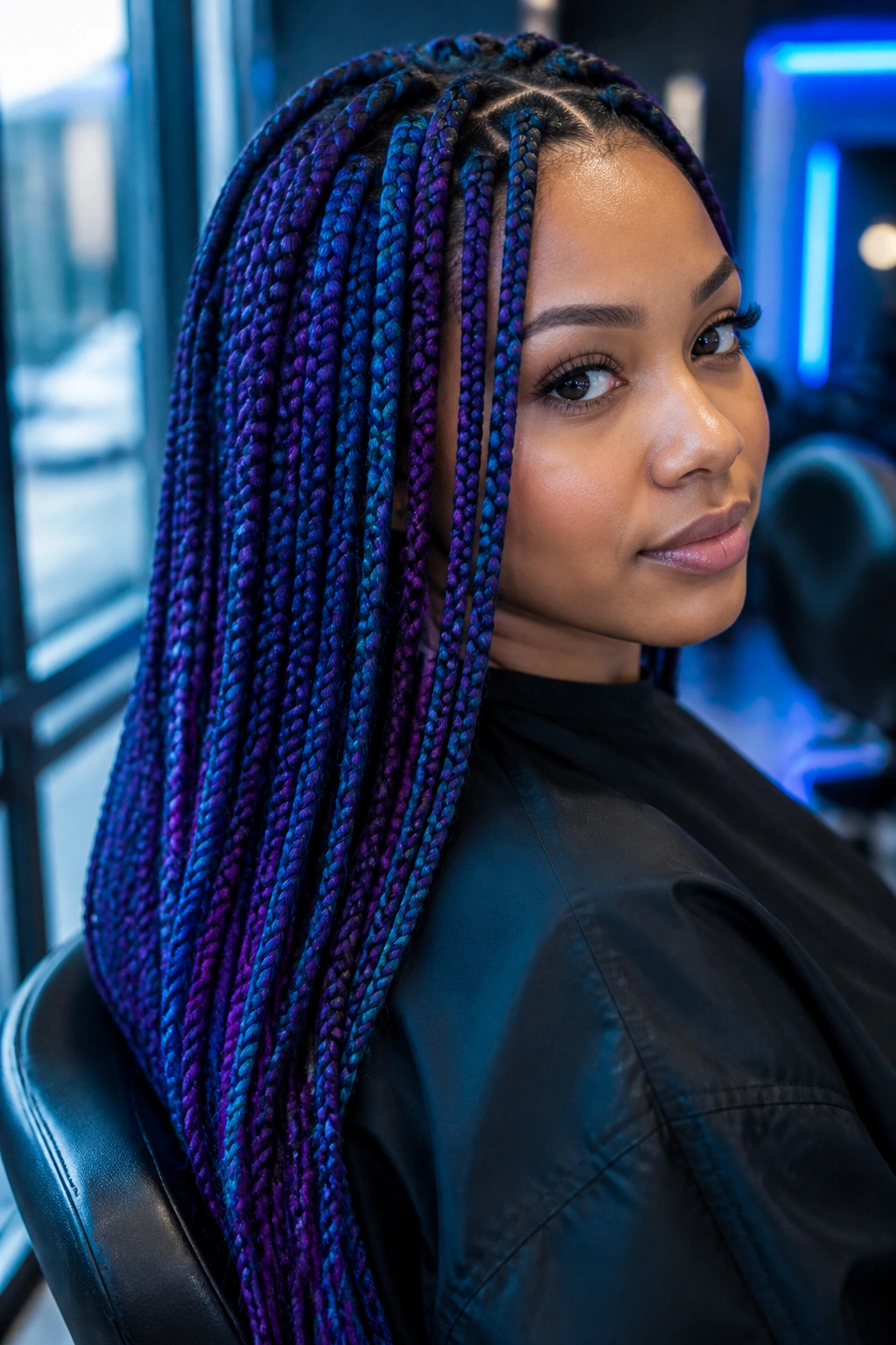 Close-up portrait of a real woman's galaxy-colored box braids in indigo, violet, fuchsia, teal.