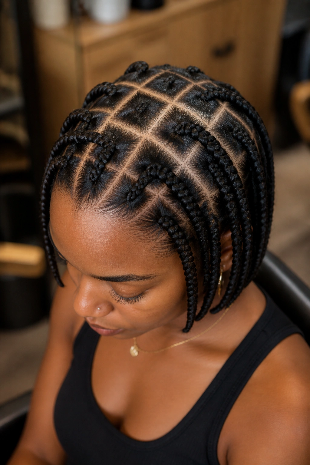 Close-up of a real woman with geometric grid box braids on a short hairstyle