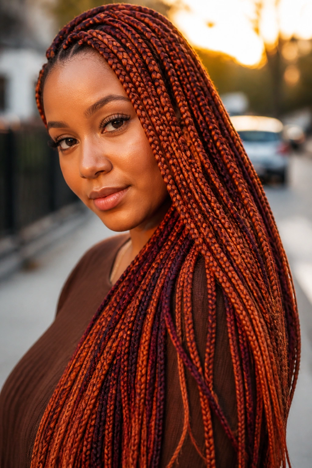 Real woman with ginger and auburn long braids in golden hour light.