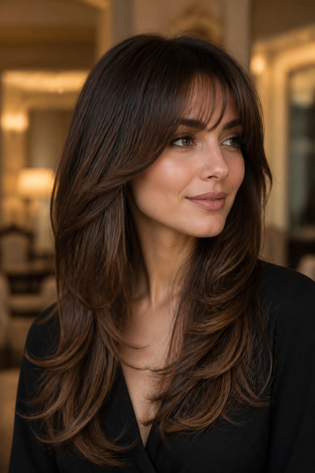 Portrait of a woman with glam layers and soft arched bangs