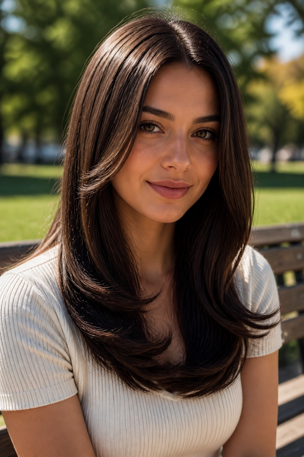 Close-up of a real woman with glossy straight layers and flipped ends.