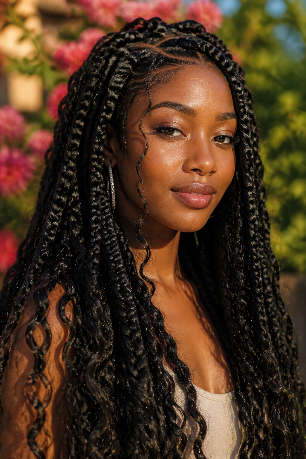 Portrait of a real woman with goddess box braids and deep wave accents