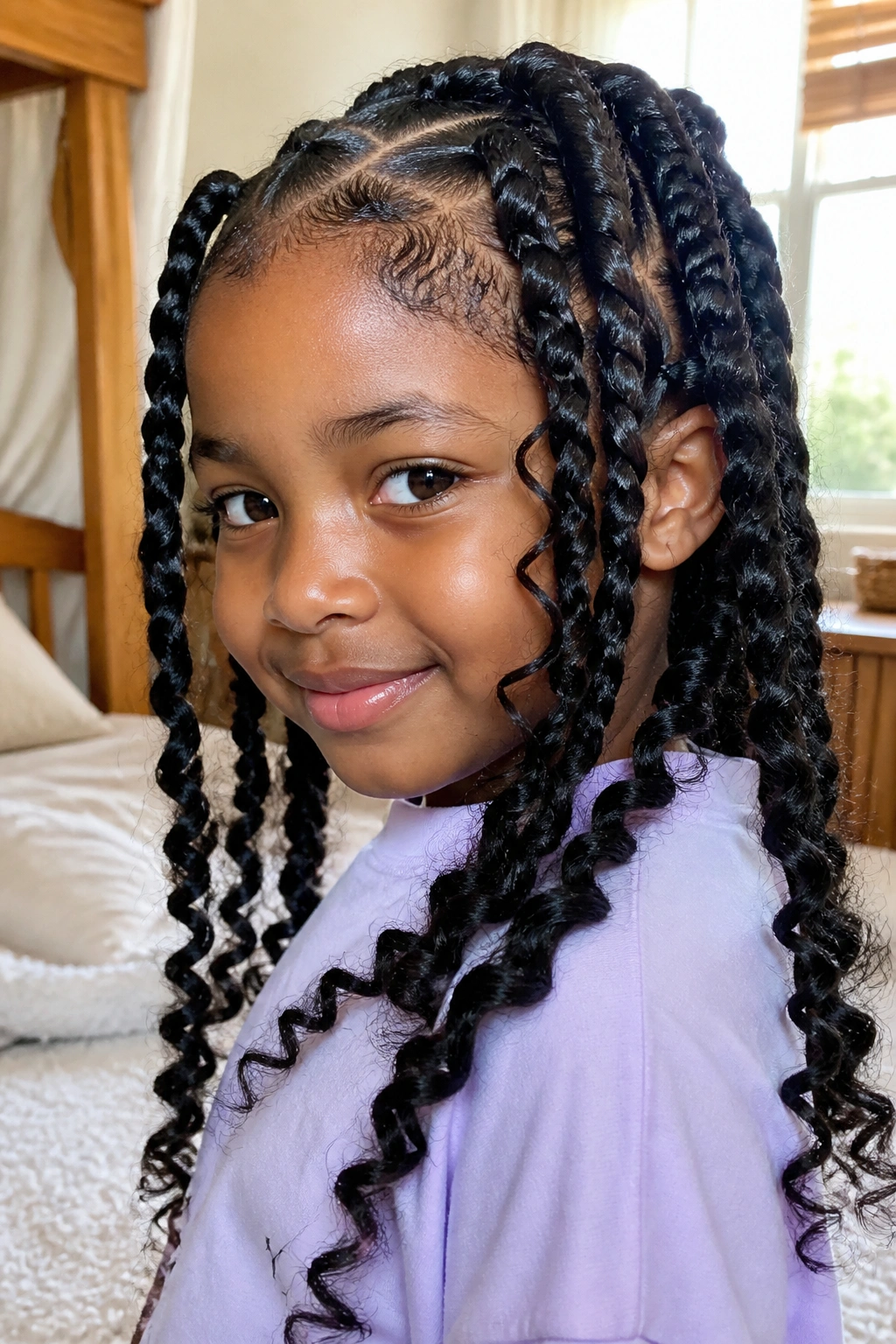 Close-up of a real child with goddess braids and loose spiral ends on 4C hair