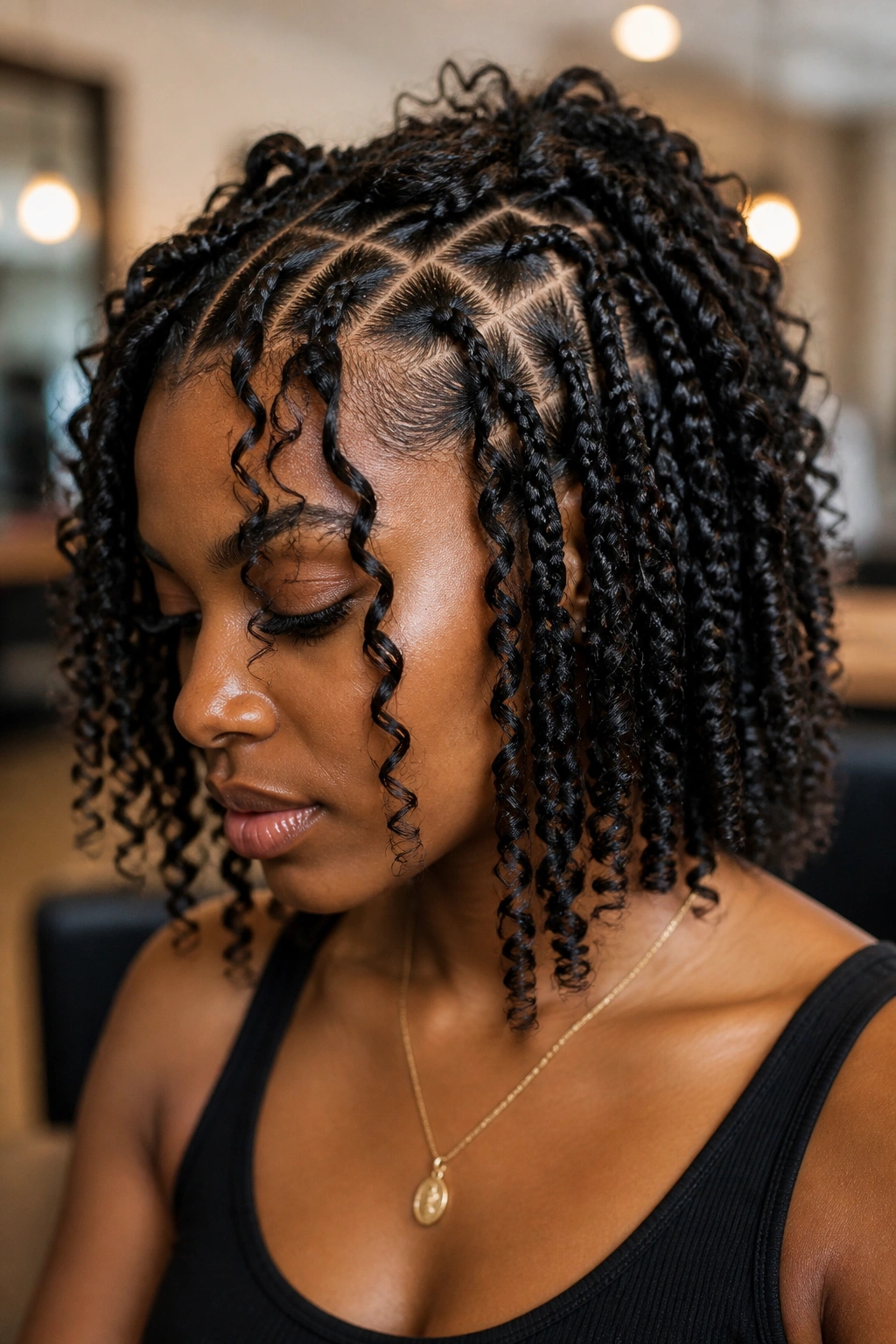 Close-up of a real person with goddess braids and curly tendrils, highlighting hair texture and materials