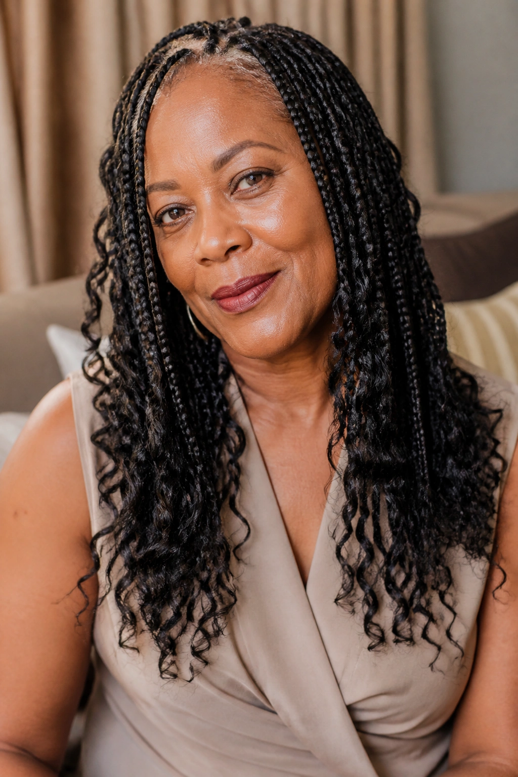 Real woman over 50 with goddess box braids and curls.