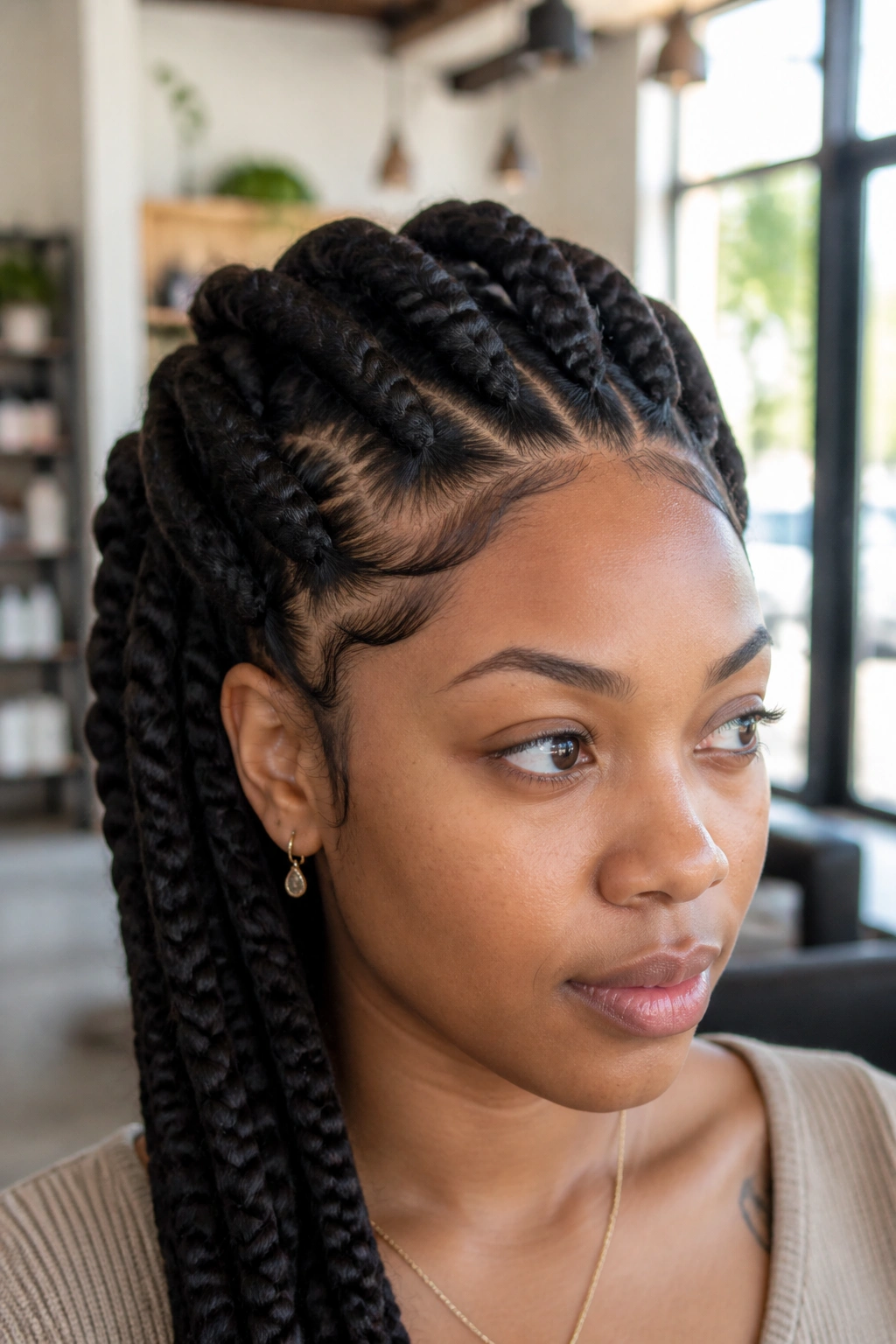 Close-up of a real person with oversized frontal goddess braids on locs