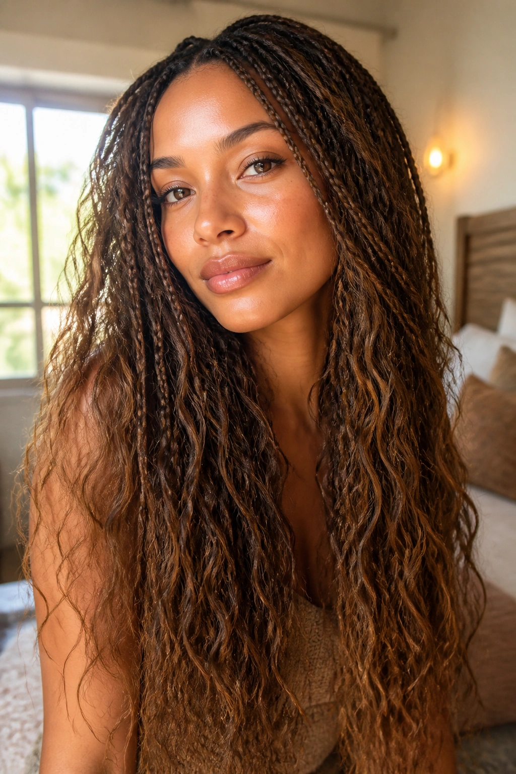 Close-up of a real woman wearing Bohemian Goddess Micros with loose waves and voluminous braids in soft window light