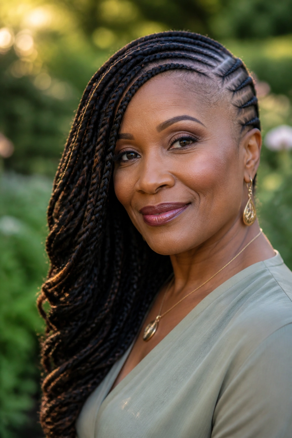 Real woman with side-swept goddess cornrows