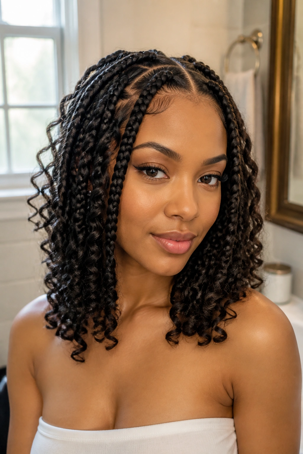 Close-up of a real woman with refreshed goddess curls in a frizz-free look.