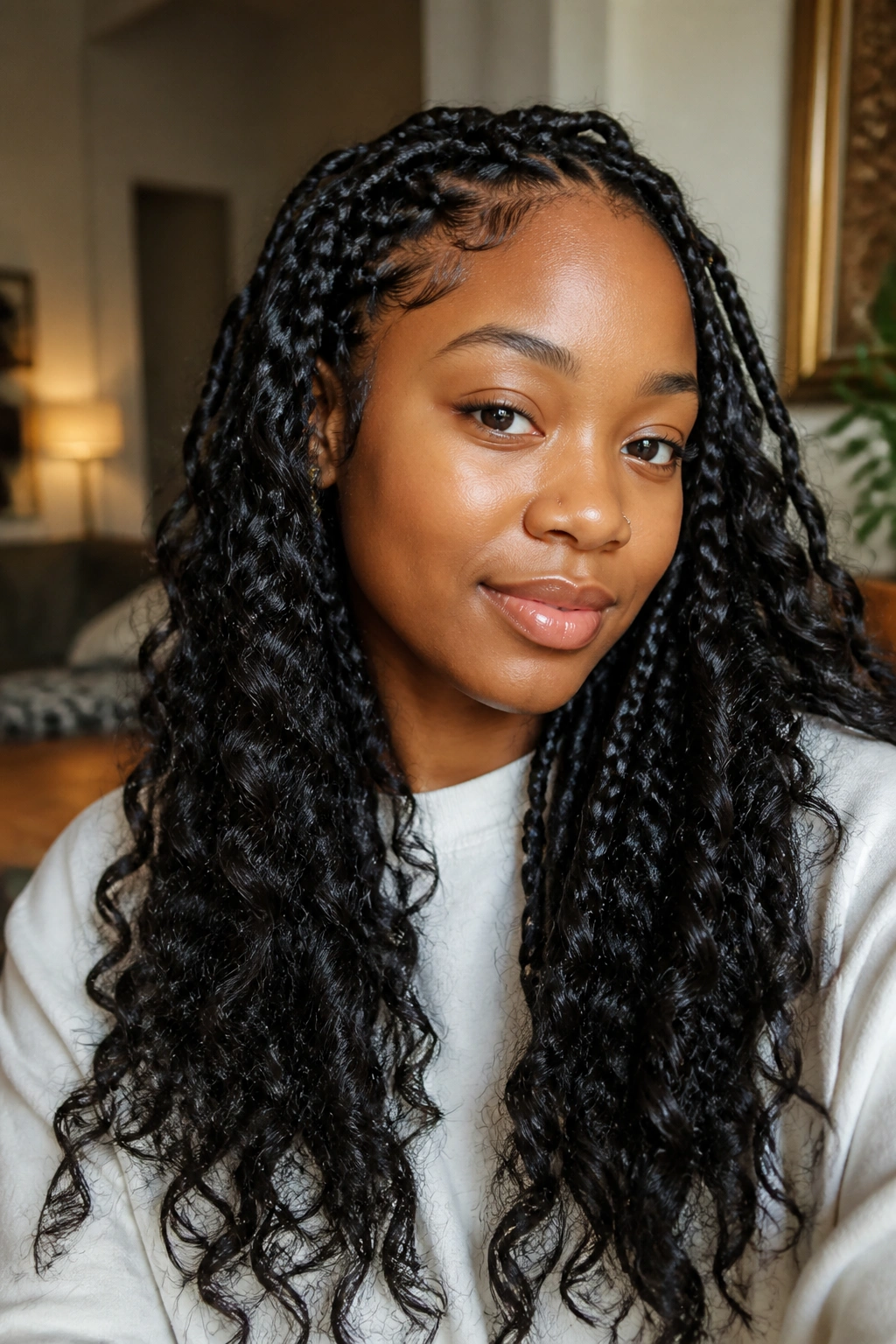 Close-up of real woman with goddess knotless braids and deep twist texture