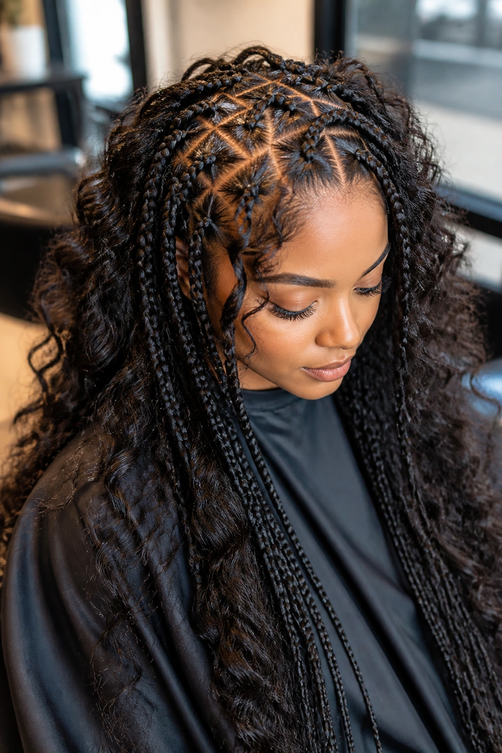 Portrait of real person with goddess triangles braids and human-hair inserts framing the face.