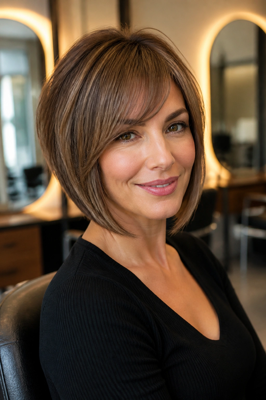 Real person with graduated bob and face-framing layers, warm studio lighting
