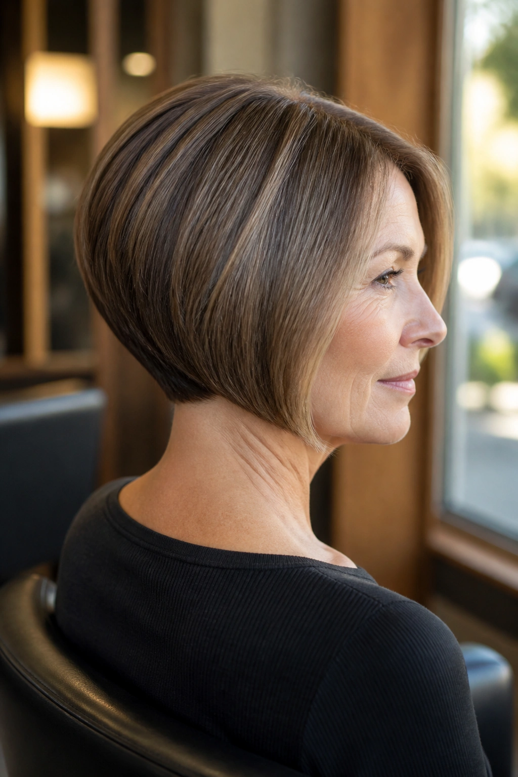 Portrait of a real woman with a Graduated Bob With a Sleek Neckline in a warm salon