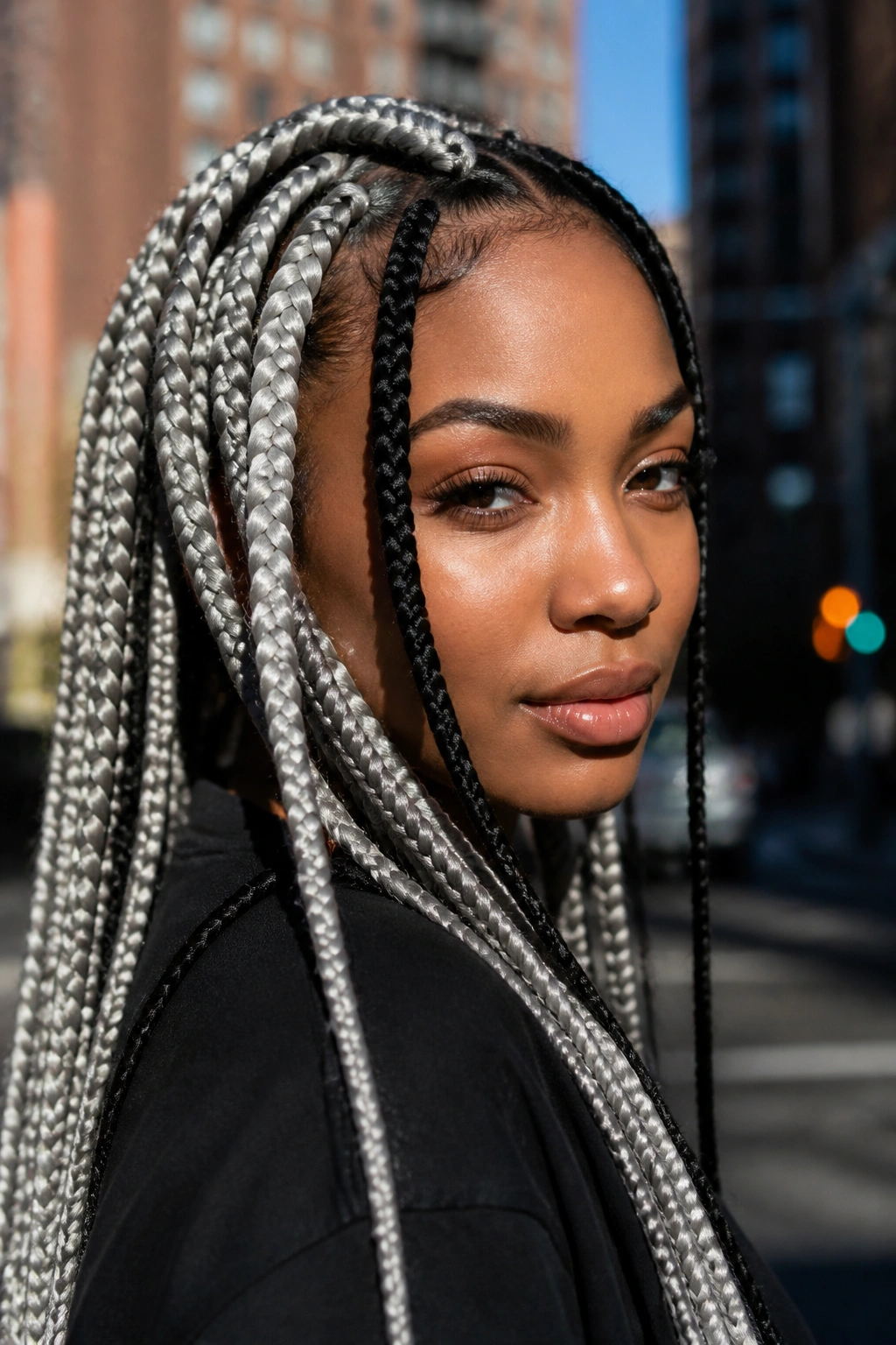 Grey jumbo braids with black accents on a real person