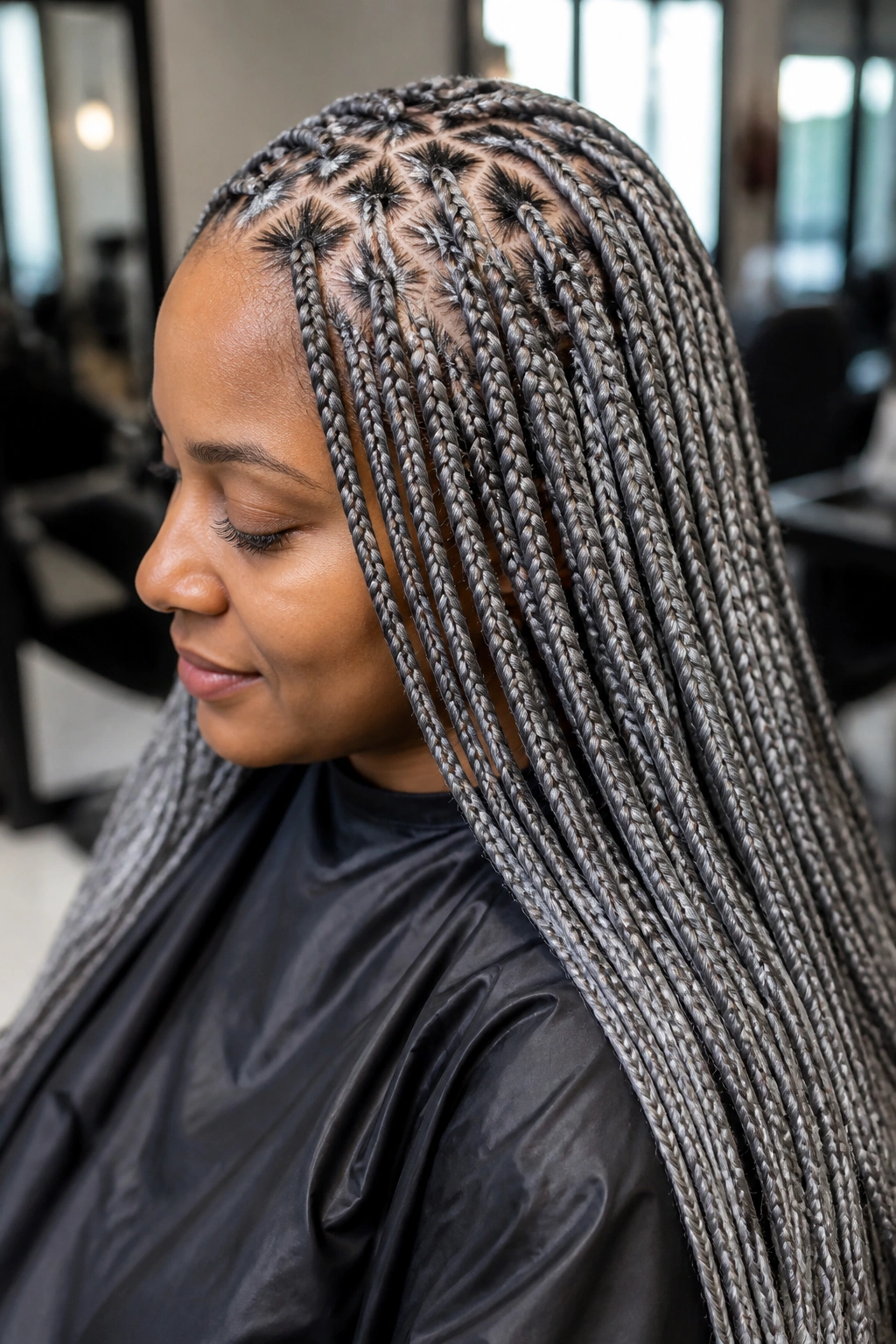 Close-up of a real person with silver-grey triangle-part knotless braids, mature sophistication.