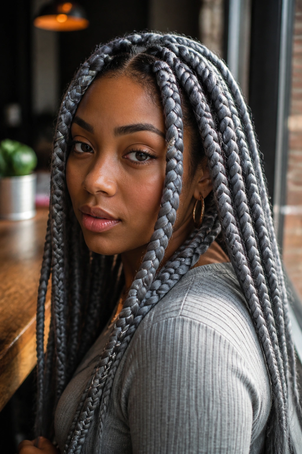 Real person with jumbo grey braids and silver thread wraps