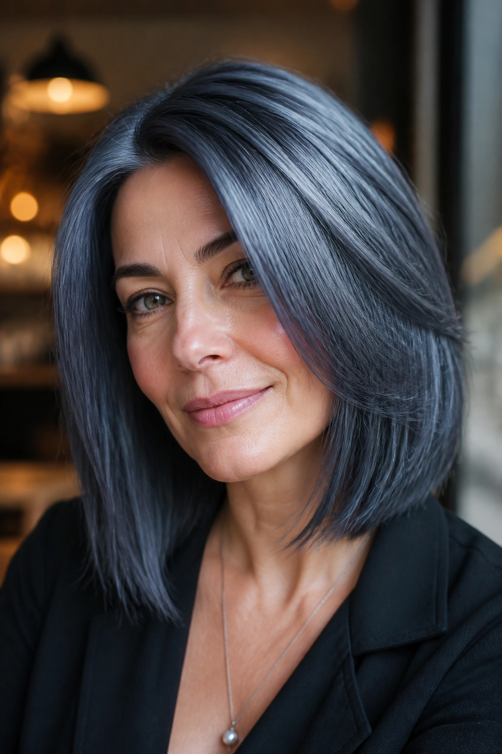 Close-up portrait of a real person with gunmetal gray hair and blue undertones in window light.