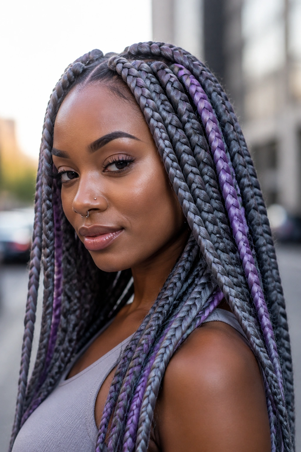 Real person with jumbo braids in gunmetal grey and lavender mix
