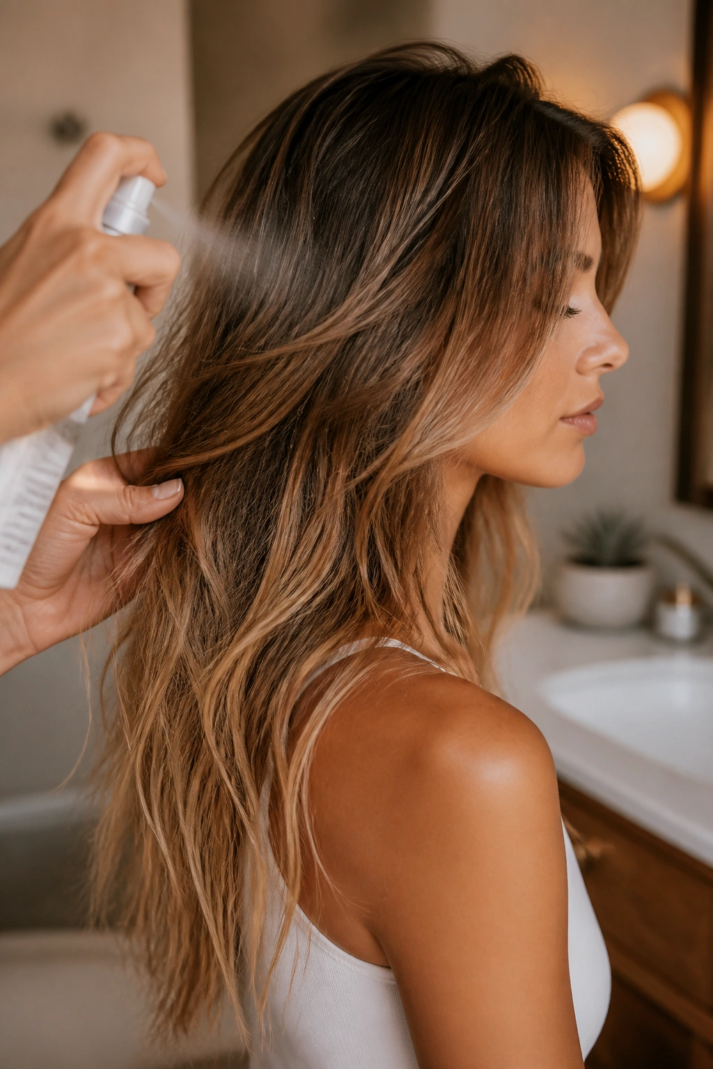 Close-up of layered hair being texturized with sea salt spray to improve grip for braiding