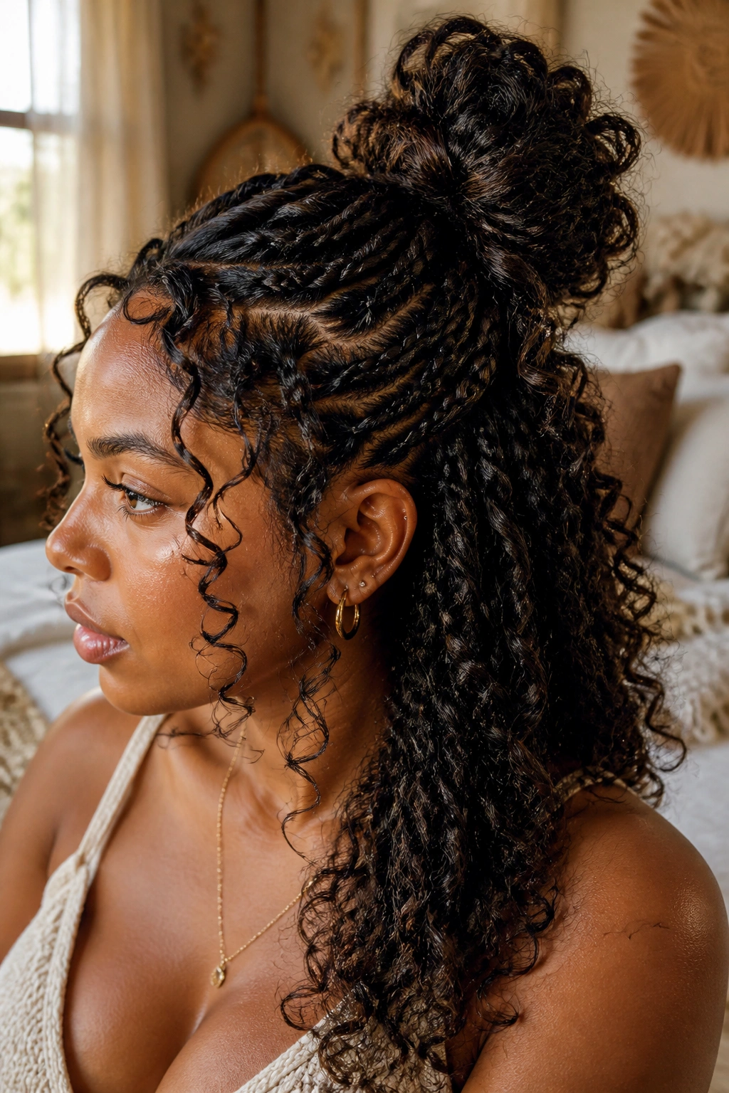 Close-up of a real woman with half-up half-down boho braid bun in warm window light