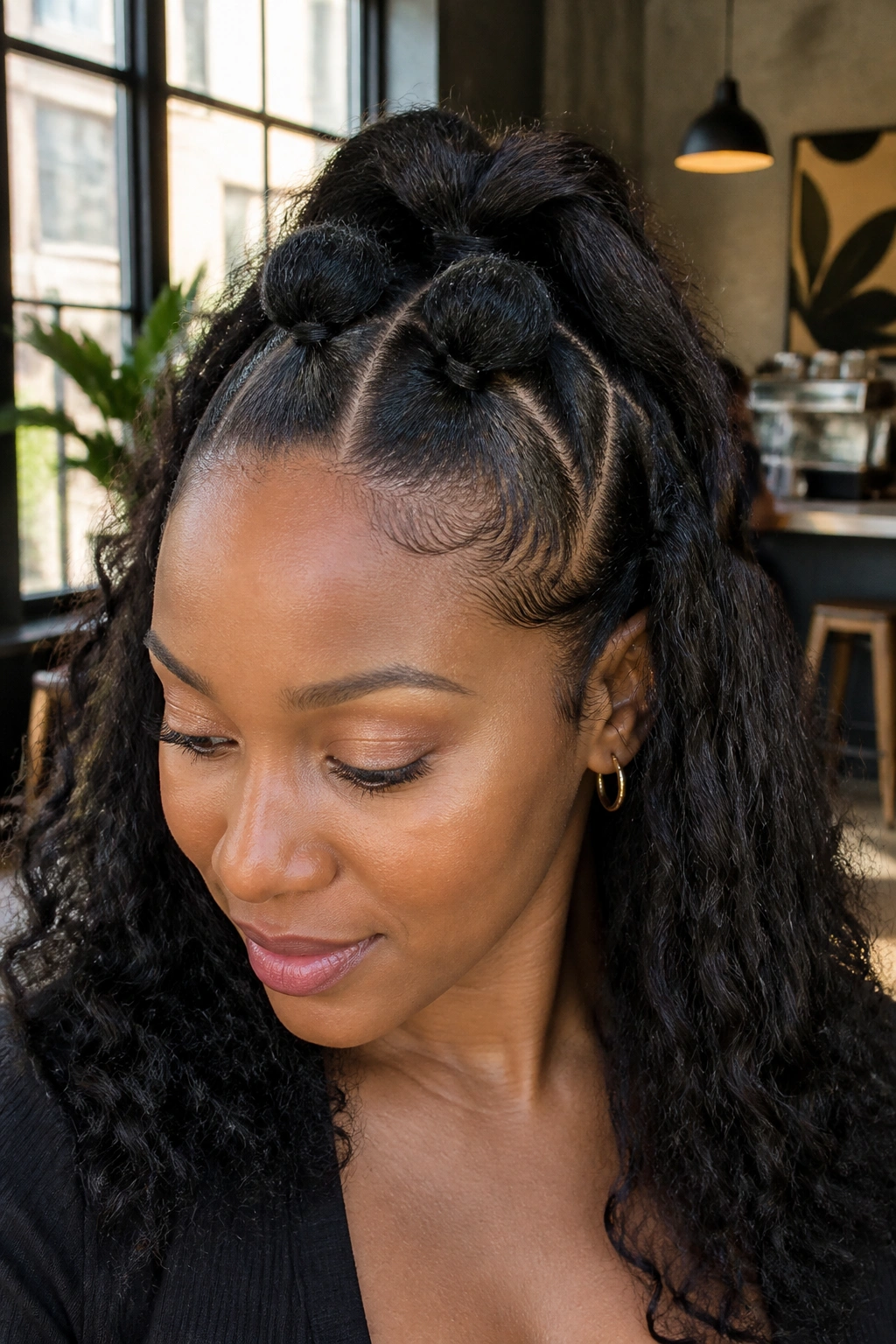 Real person with front bubbles in a half-up style at a sunlit cafe