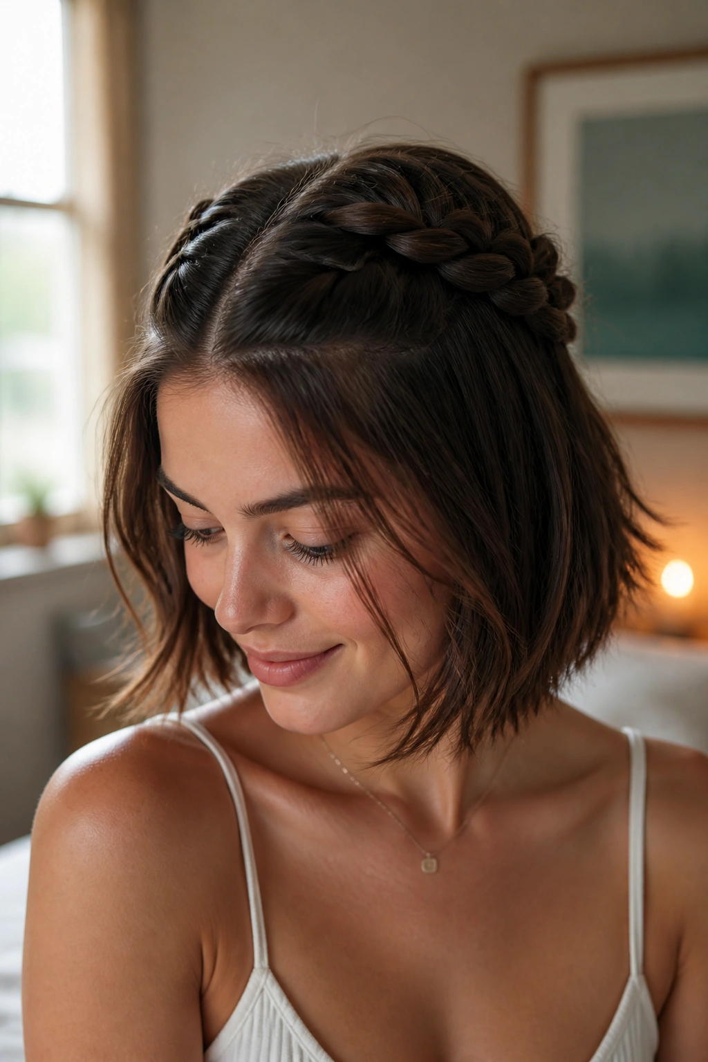 Close-up of a woman with a Half-Up Dutch Crown hairstyle, two Dutch braids meeting at the back