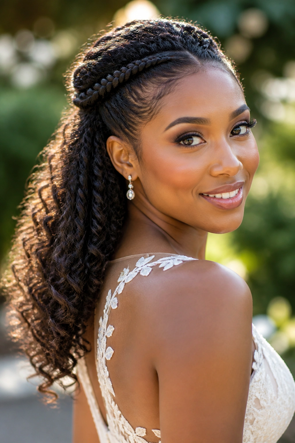 Bride with half-up fishtail braids and natural curls in a sunlit garden