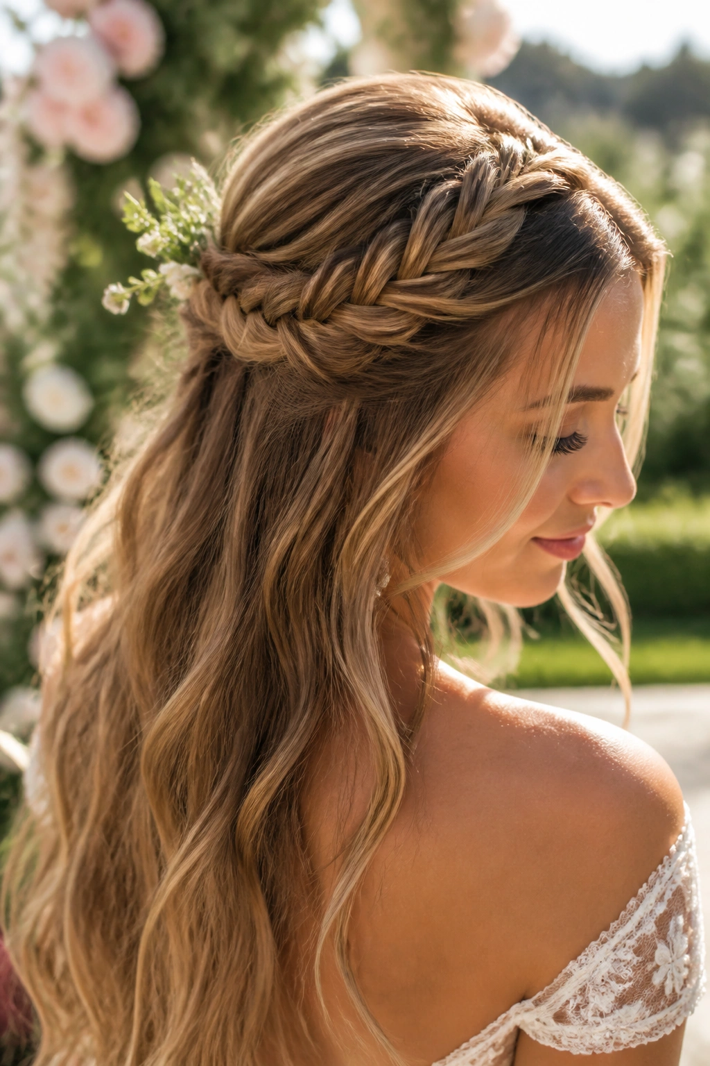 Close-up of a real woman with a crown-like half-up fishtail braid in a garden.