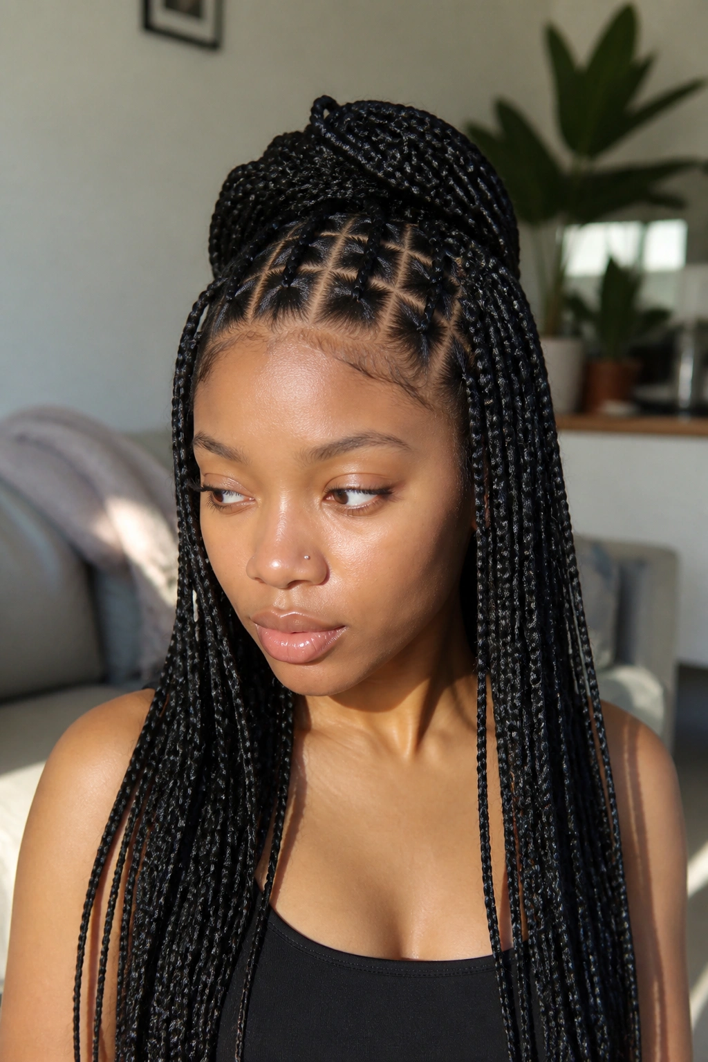 Close-up of half-up half-down geometric braids on a real person