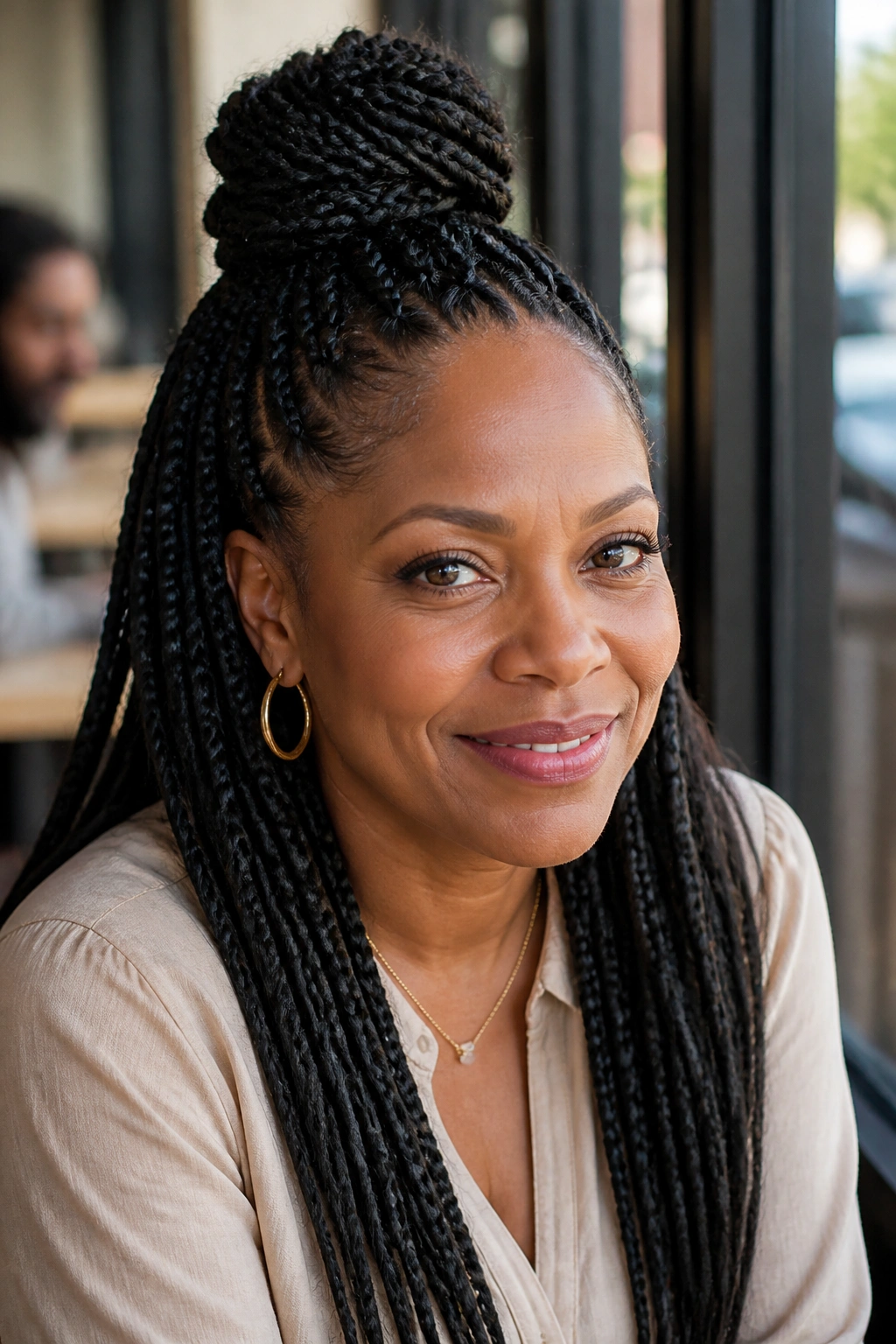 Close-up of a real woman with half-up box braids in a bun and loose braids