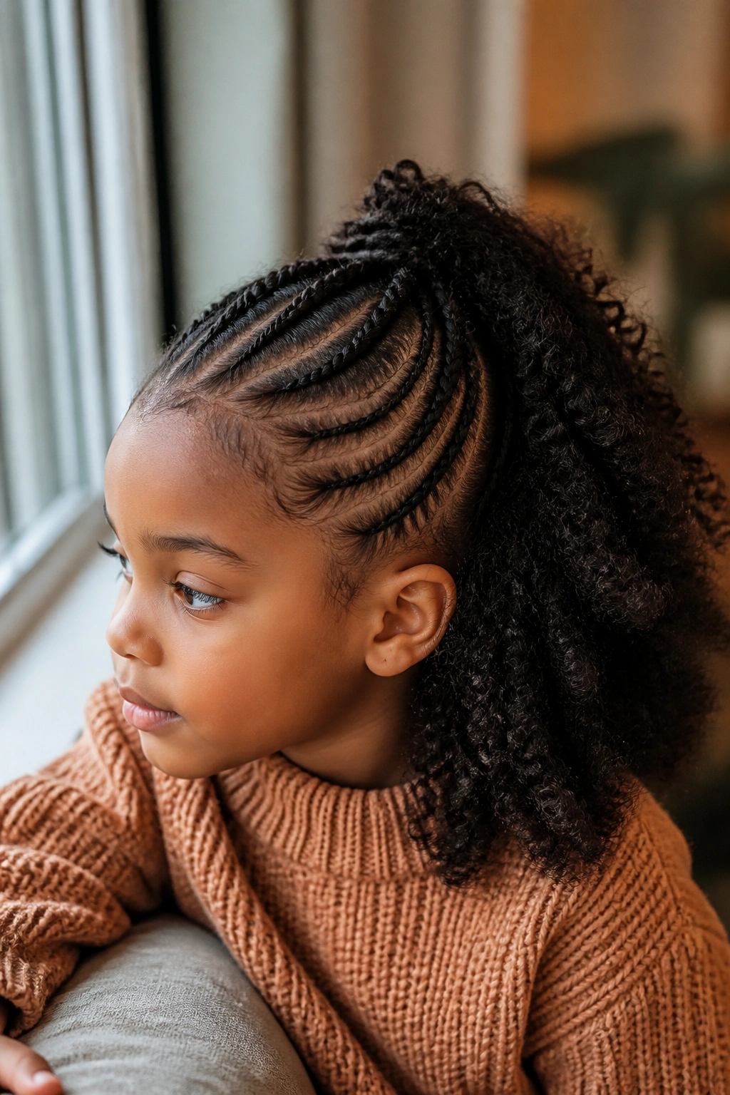 Close-up of a child with half-up half-down cornrows and curls in natural window light