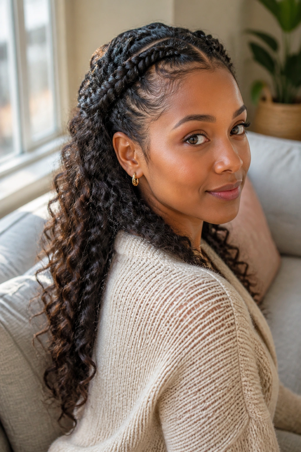 Close-up of a woman with a half-up halo and cascading curls.