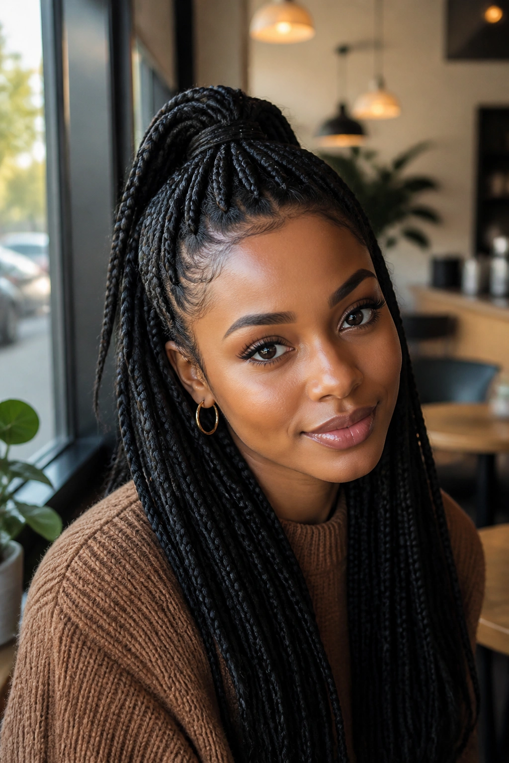 Real person with half-up, half-down knotless hairstyle.
