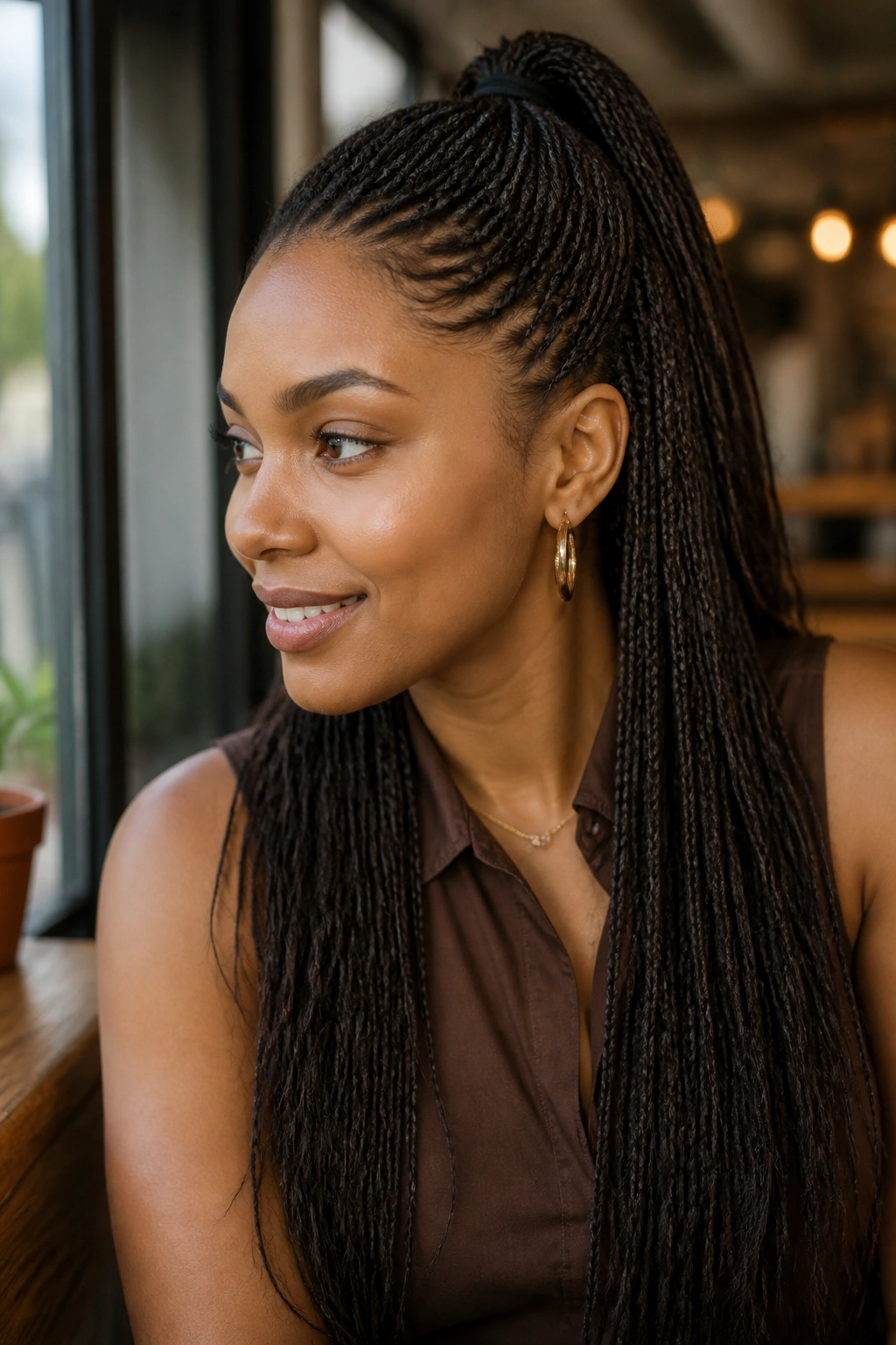 Close-up of a real person with half-up half-down micro braids in a cafe setting