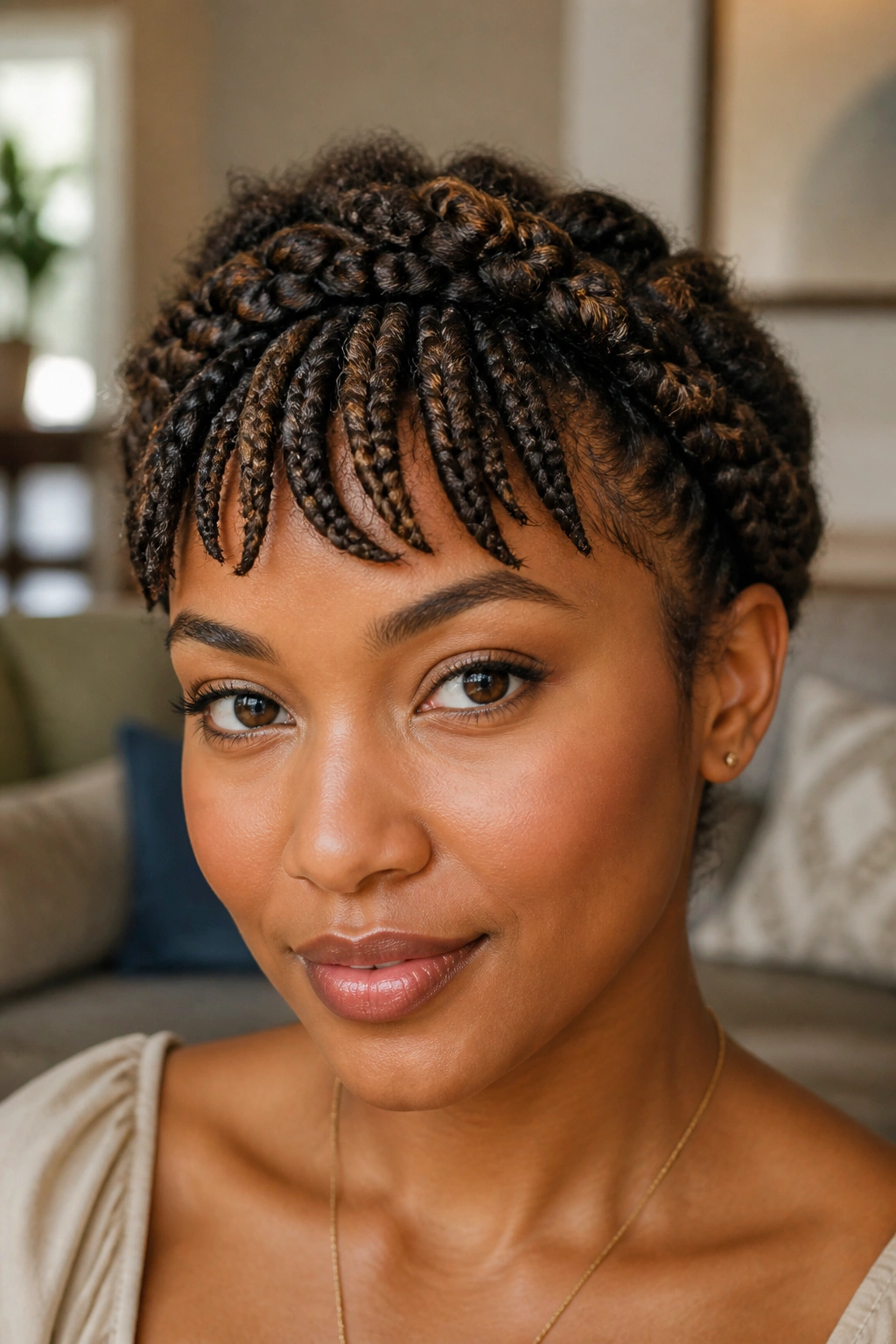 Close-up of a real person with halo braid and braided bangs.