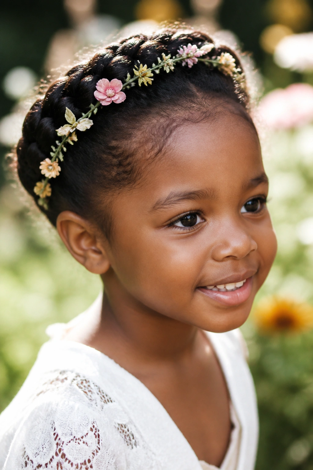 Close-up of a child with halo braid and floral accents in garden light