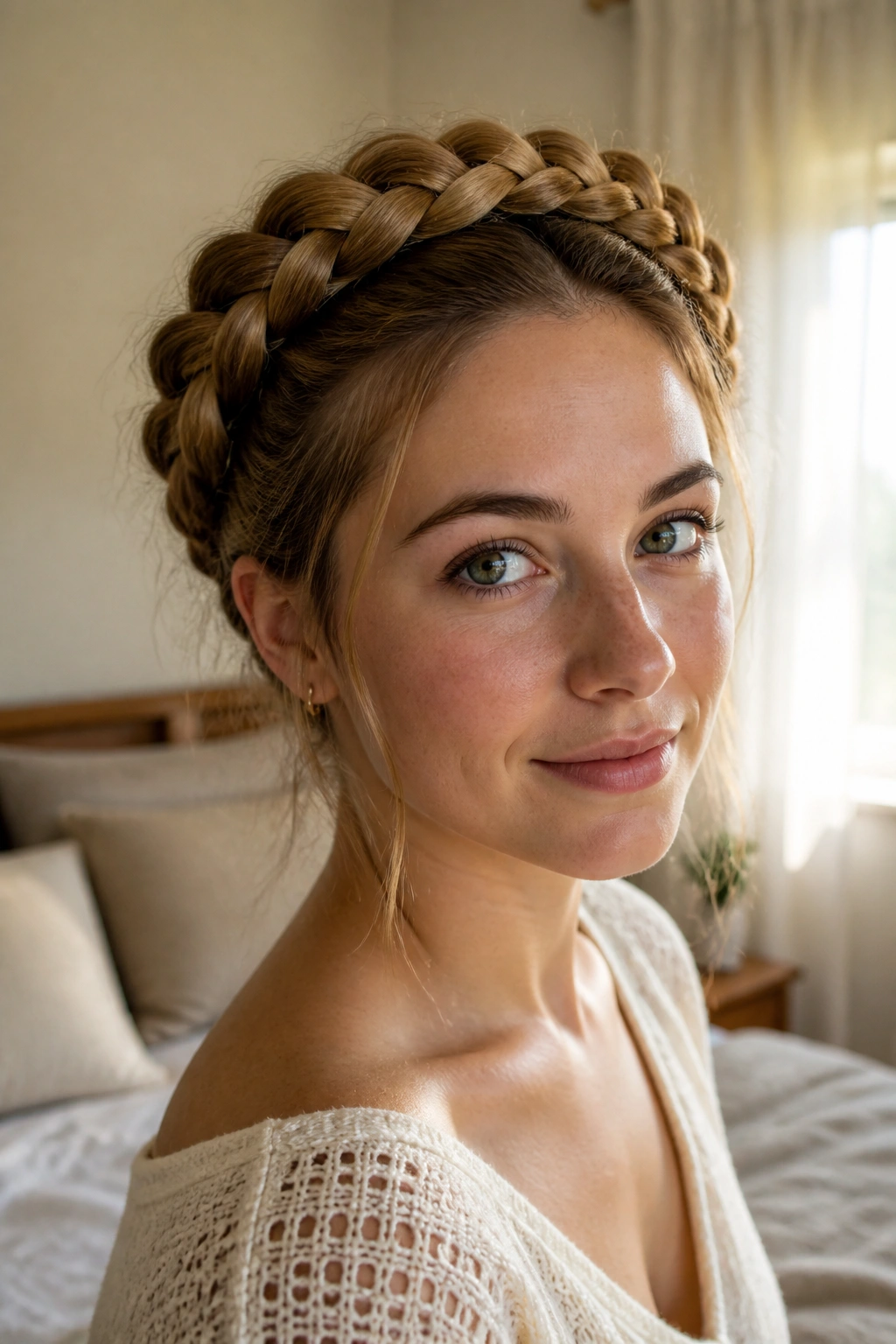 Close-up portrait of a real woman wearing a halo braid formed by two Dutch braids wrapped over the crown.
