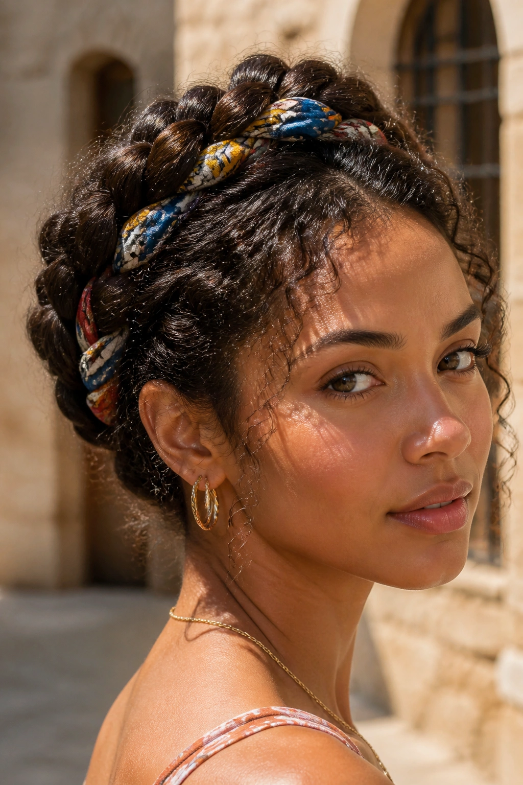 Halo braid with tucked-in scarf on real person.