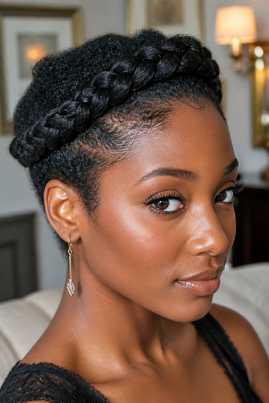 Close-up of a halo braid around a short haircut on a real person.